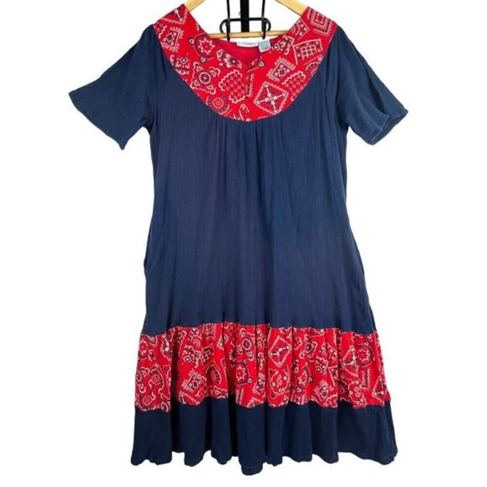Vintage 1970's Blue‎ Denim/Red Bandana Print Midi Muumuu Dress Pockets Size L